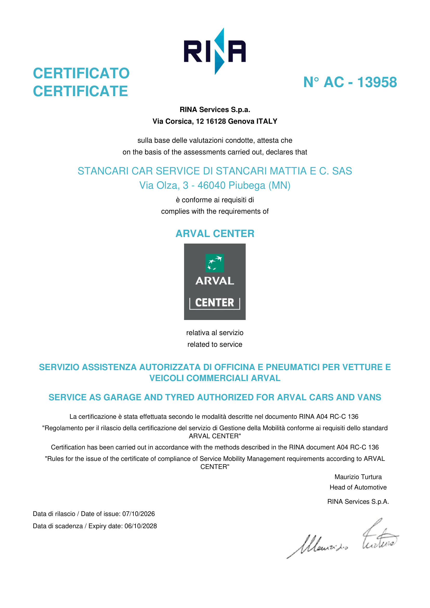 Certificato Arval Center